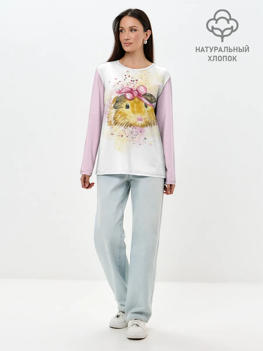 Лонгслив женский. Хлопок / Морская свинка акварелью