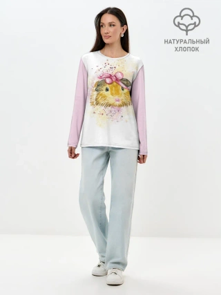 Лонгслив женский. Хлопок / Морская свинка акварелью