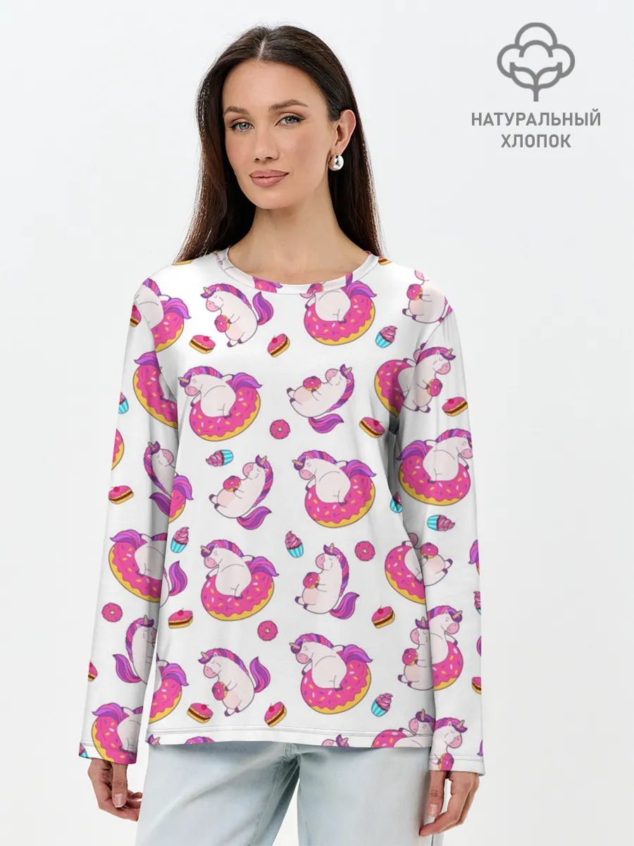 Лонгслив женский. Хлопок / Единорожки и вкусняшки