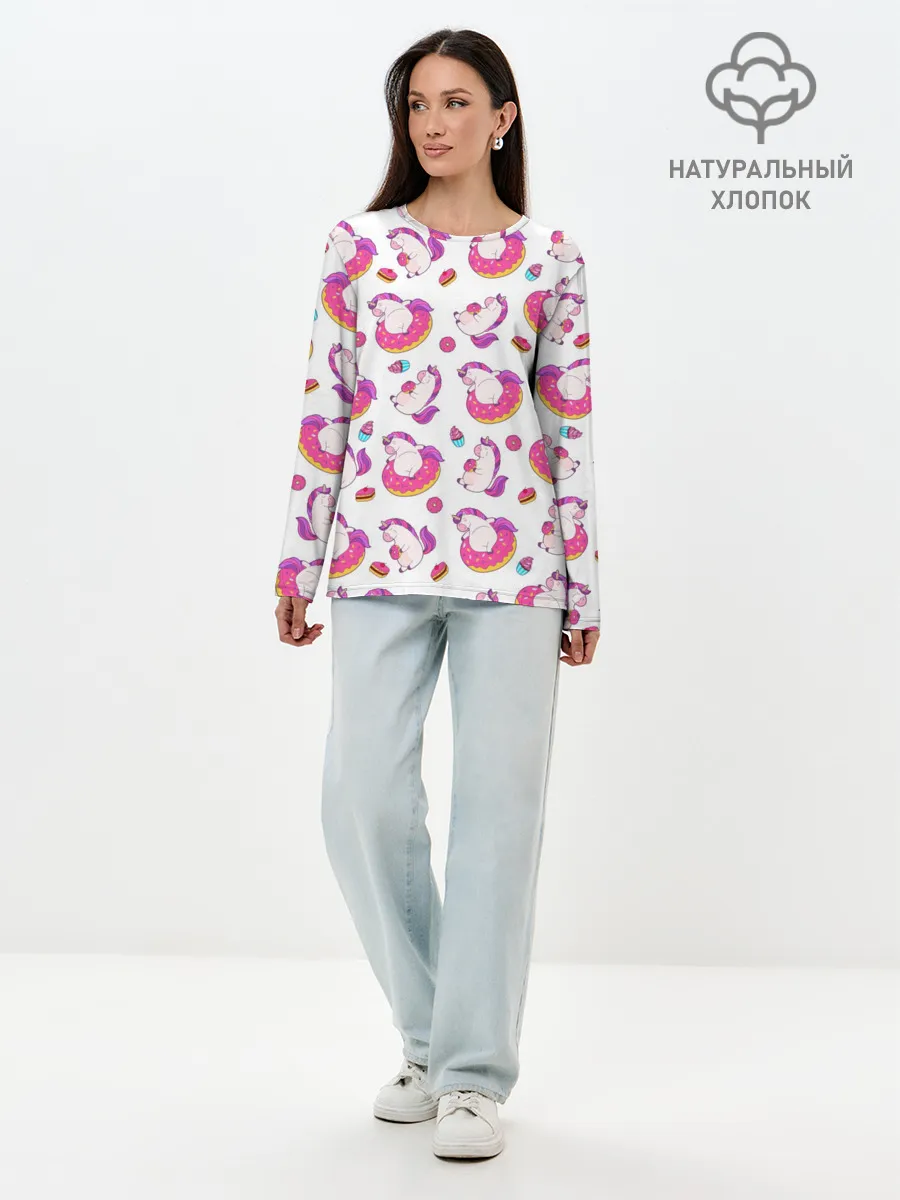 Лонгслив женский. Хлопок / Единорожки и вкусняшки