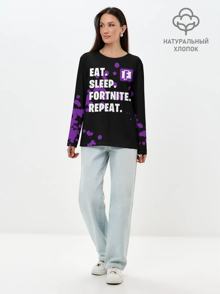 Лонгслив женский. Хлопок / Eat Sleep Fortnite Repeat