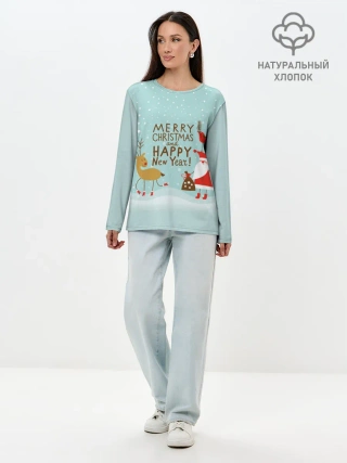 Лонгслив женский. Хлопок / олень и Дед Мороз
