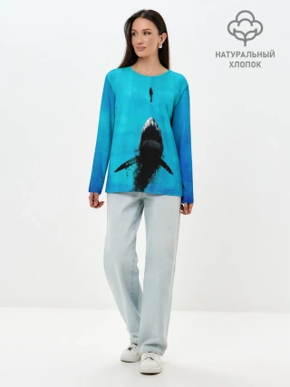 Лонгслив женский. Хлопок / Акула на охоте