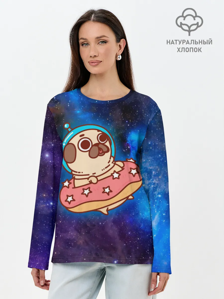 Лонгслив женский. Хлопок / Мопс Космонавт