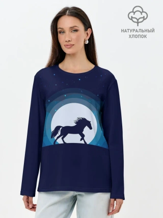Лонгслив женский. Хлопок / Лошадь под луной