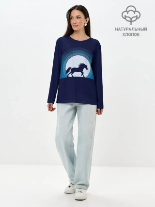 Лонгслив женский. Хлопок / Лошадь под луной