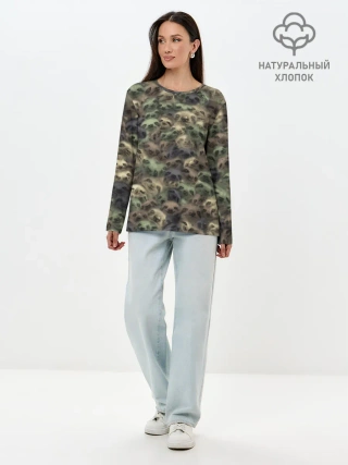 Лонгслив женский. Хлопок / Камуфляж с ленивцами