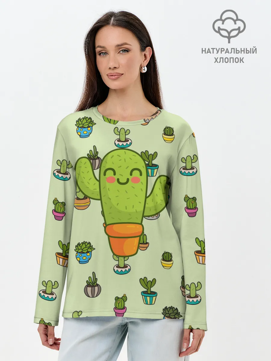 Лонгслив женский. Хлопок / Веселый кактус