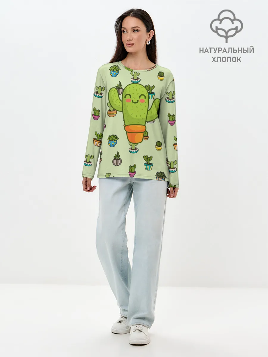 Лонгслив женский. Хлопок / Веселый кактус
