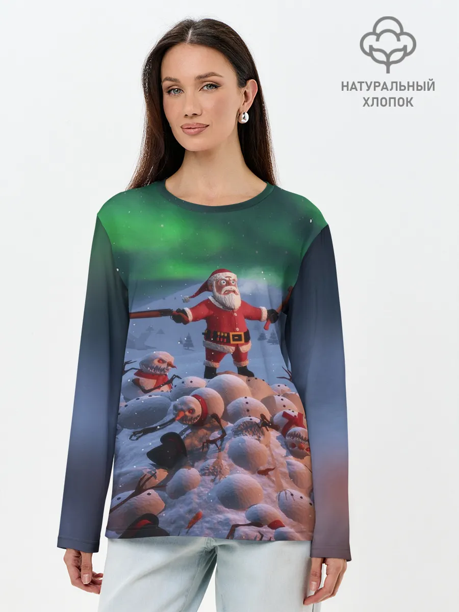 Лонгслив женский. Хлопок / Дед мороз и снеговики-зомби