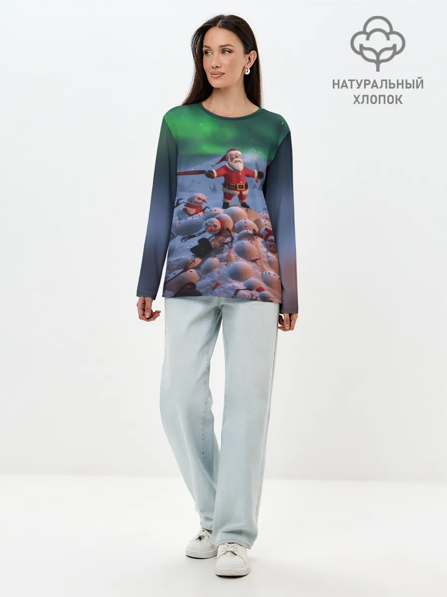 Лонгслив женский. Хлопок / Дед мороз и снеговики-зомби