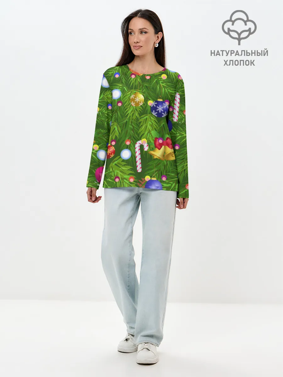 Лонгслив женский. Хлопок / Ёлка новогодняя