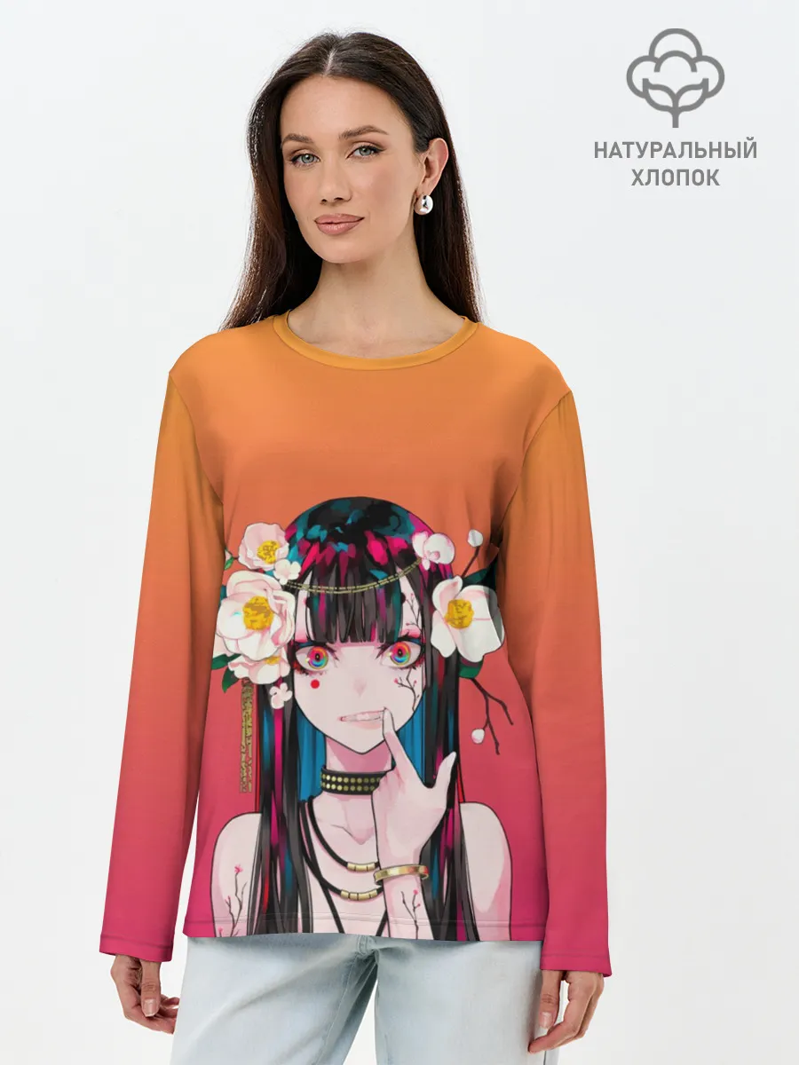 Лонгслив женский. Хлопок / Девушка - сакура
