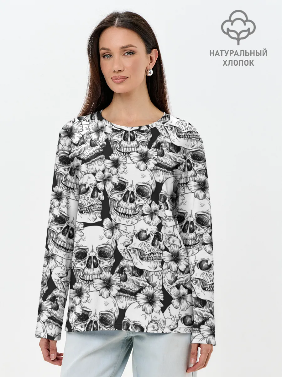 Лонгслив женский. Хлопок / Черепа