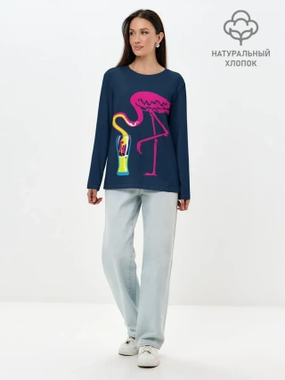 Лонгслив женский. Хлопок / Кислотный фламинго