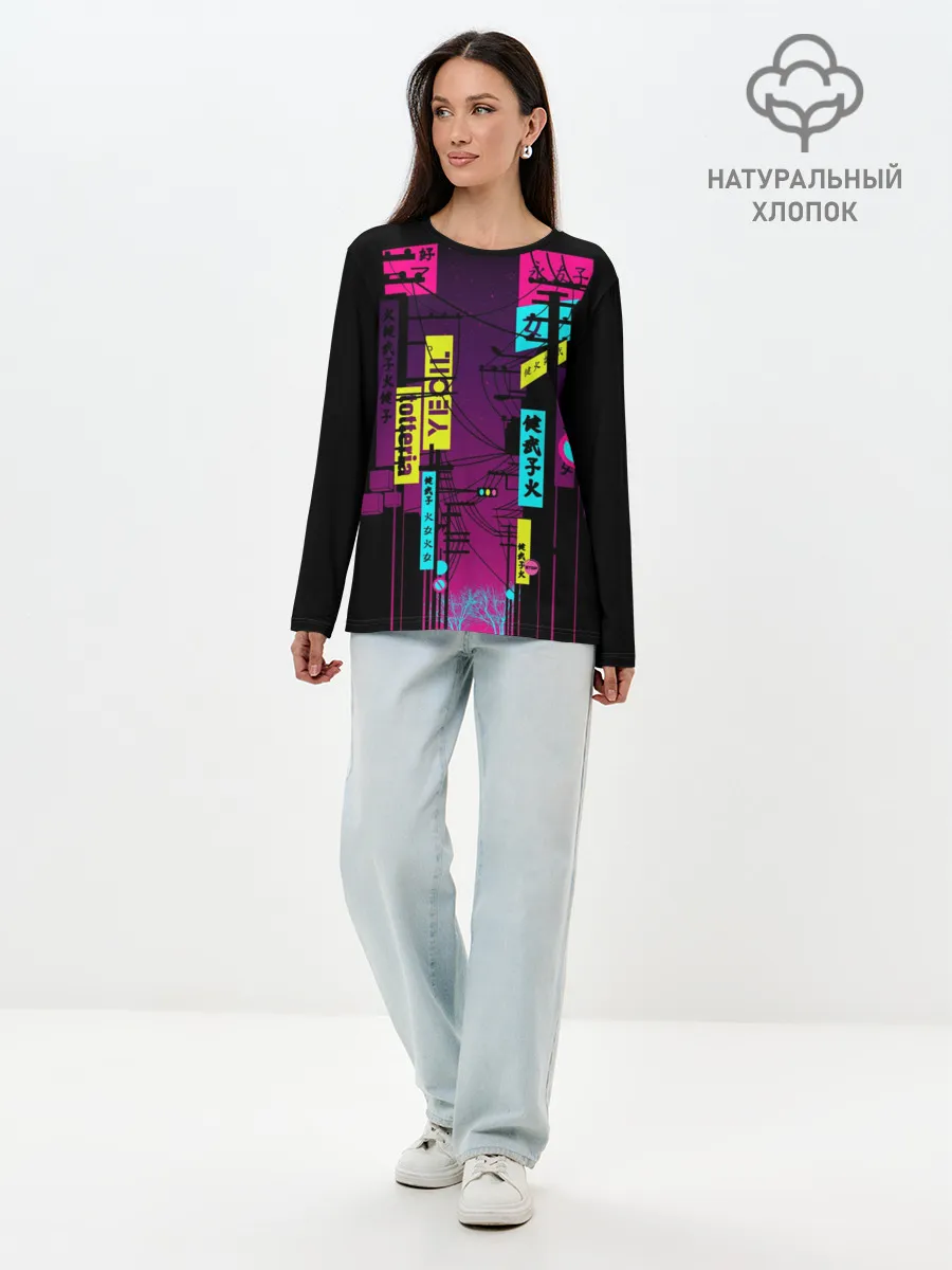 Лонгслив женский. Хлопок / Неоновый город