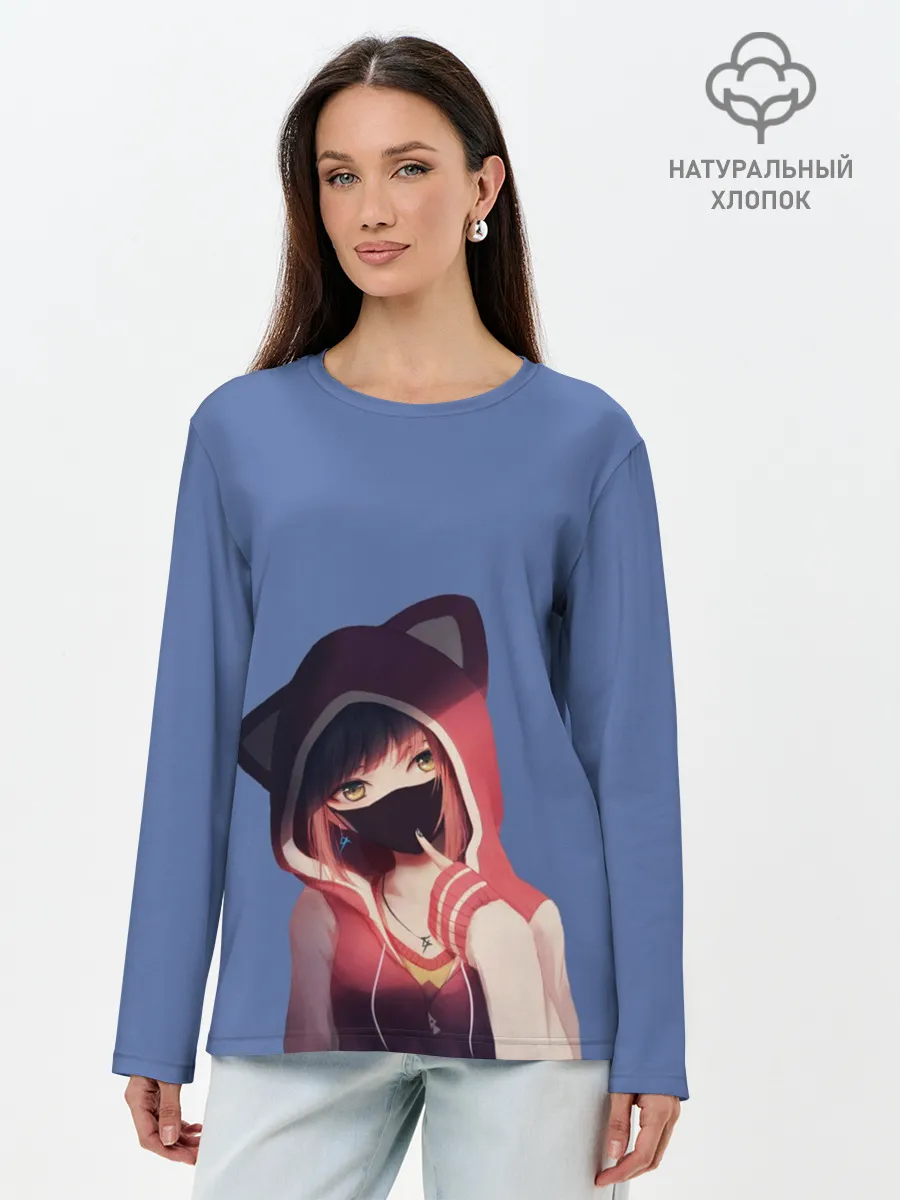 Лонгслив женский. Хлопок / Аниме девушка в маске с ушками