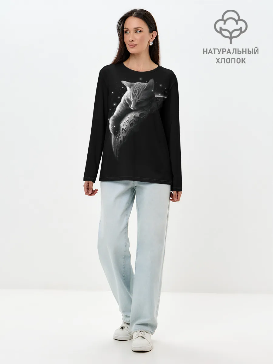Лонгслив женский. Хлопок / Спящий Кот на Луне