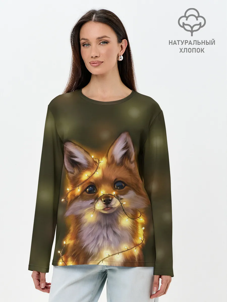 Лонгслив женский. Хлопок / Лисёнок и гирлянда