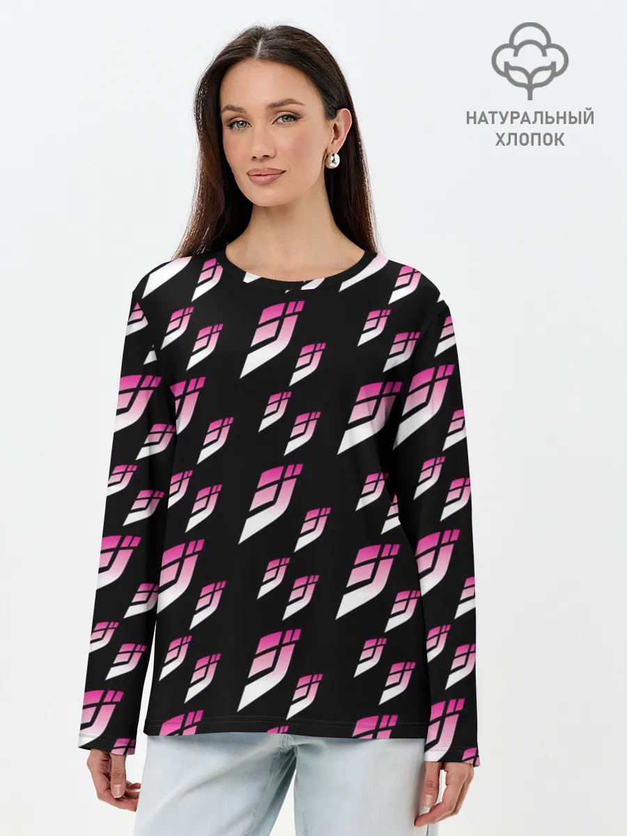 Лонгслив женский. Хлопок / Джоджо паттерн розовые лого