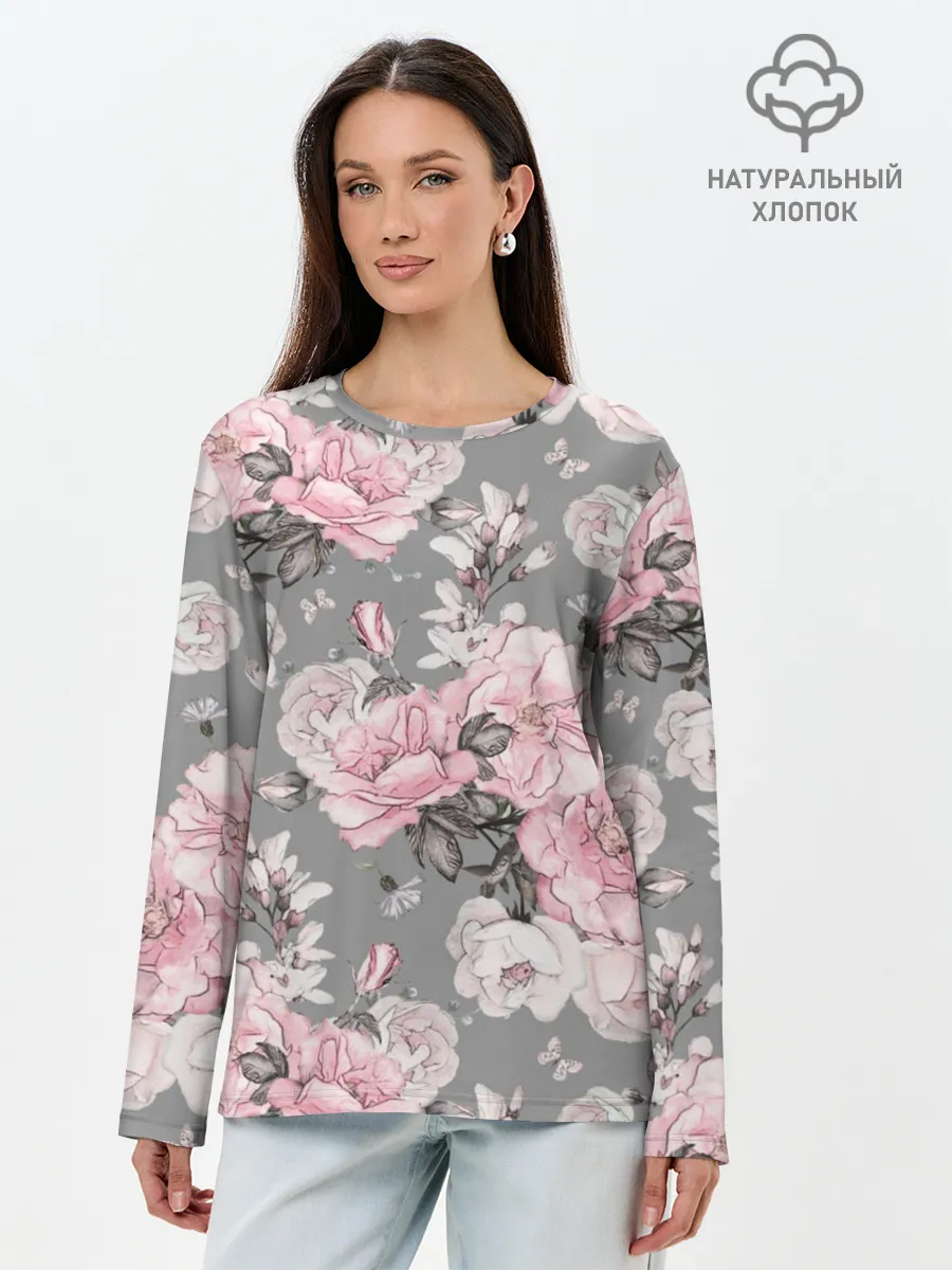 Лонгслив женский. Хлопок / Розовые розы