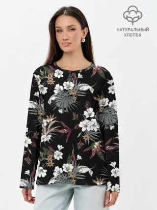 Лонгслив женский. Хлопок / Белые цветы