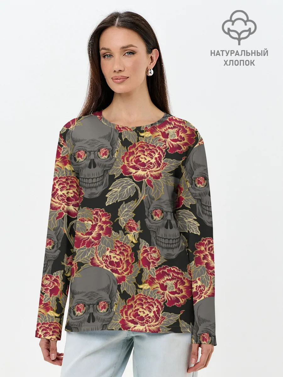 Лонгслив женский. Хлопок / Черепа и розы