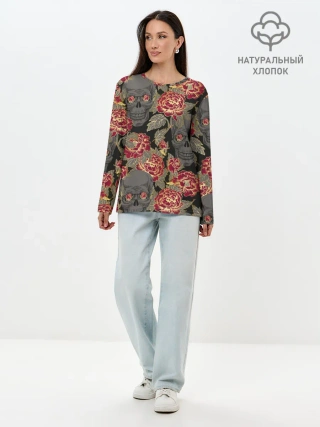 Лонгслив женский. Хлопок / Черепа и розы