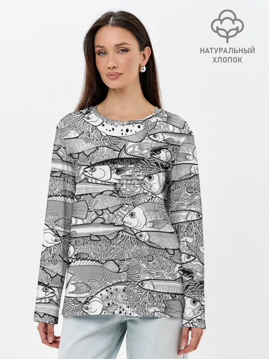 Лонгслив женский. Хлопок / Рыбы