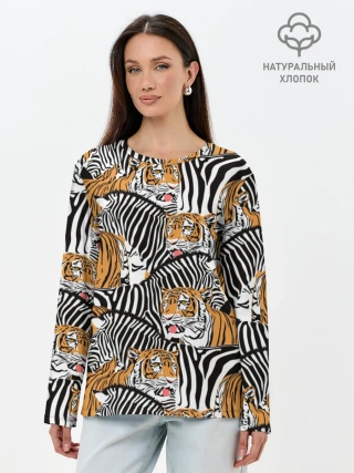 Лонгслив женский. Хлопок / Тигры и зебры