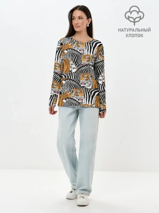 Лонгслив женский. Хлопок / Тигры и зебры