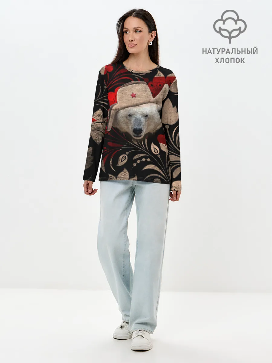 Лонгслив женский. Хлопок / Медведь в ушанке