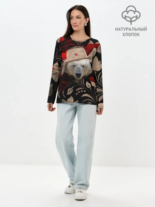 Лонгслив женский. Хлопок / Медведь в ушанке