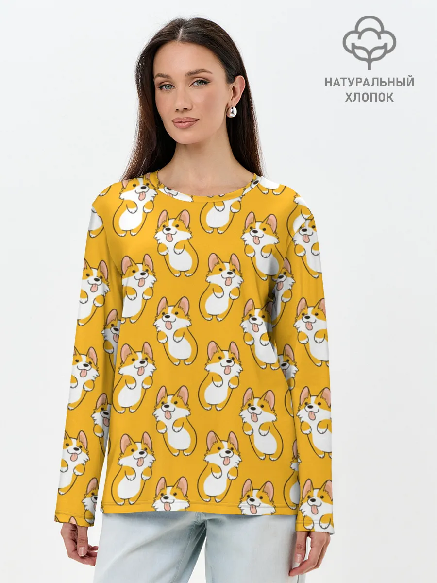 Лонгслив женский. Хлопок / Корги Паттерн 2