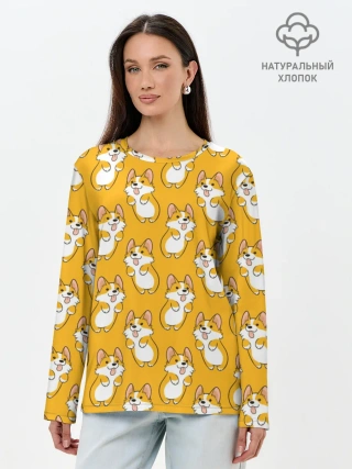 Лонгслив женский. Хлопок / Корги Паттерн 2