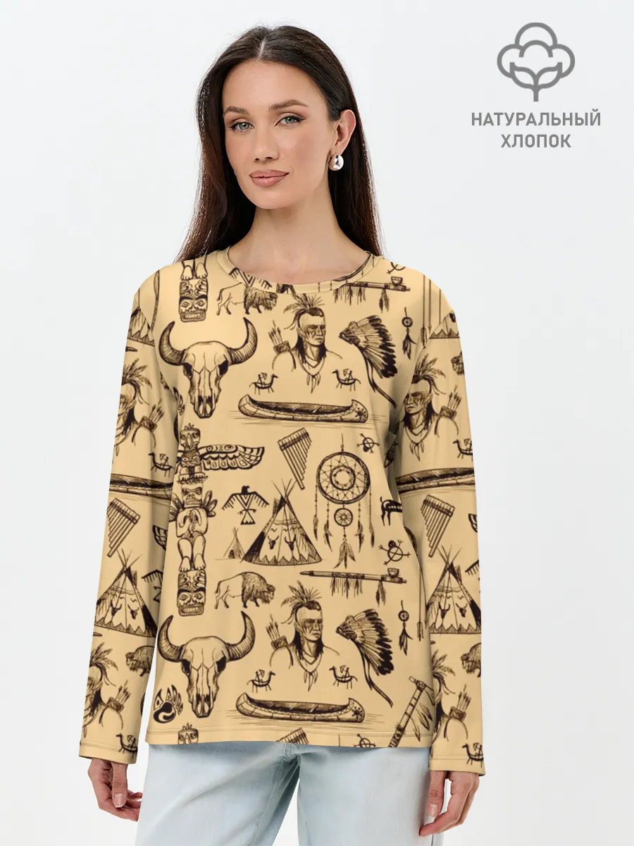 Лонгслив женский. Хлопок / Индейский паттерн