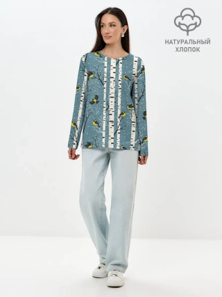 Лонгслив женский. Хлопок / Синички на берёзах