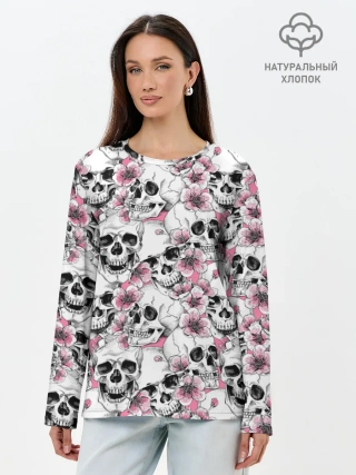 Лонгслив женский. Хлопок / Черепа в цветах