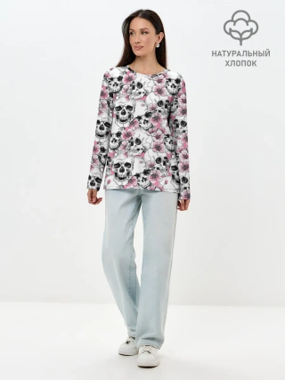Лонгслив женский. Хлопок / Черепа в цветах