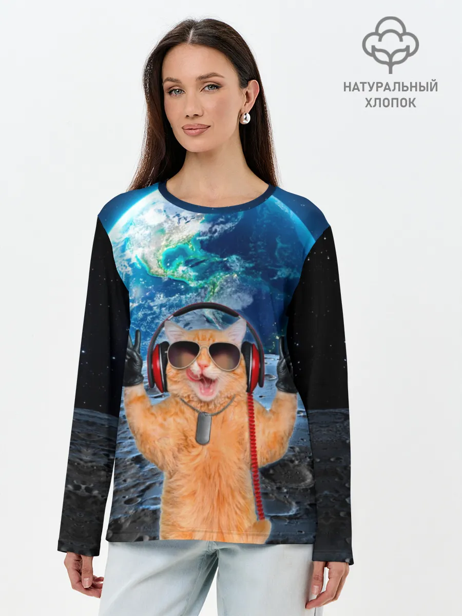 Лонгслив женский. Хлопок / Кот на луне