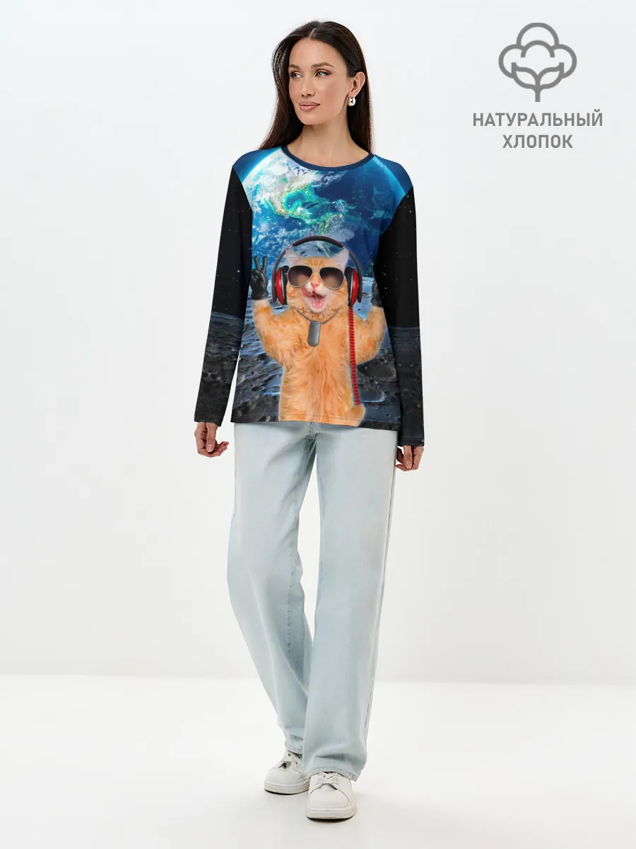 Лонгслив женский. Хлопок / Кот на луне