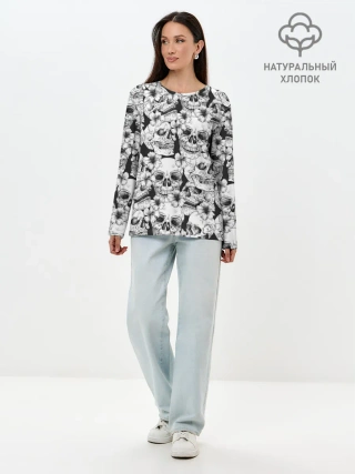 Лонгслив женский. Хлопок / Черепа в цветах