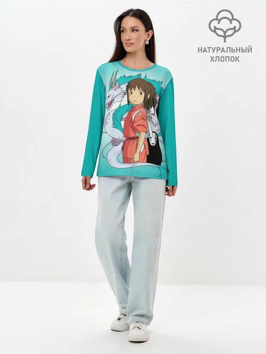 Лонгслив женский. Хлопок / Тихиро и Хаку зеленый фон