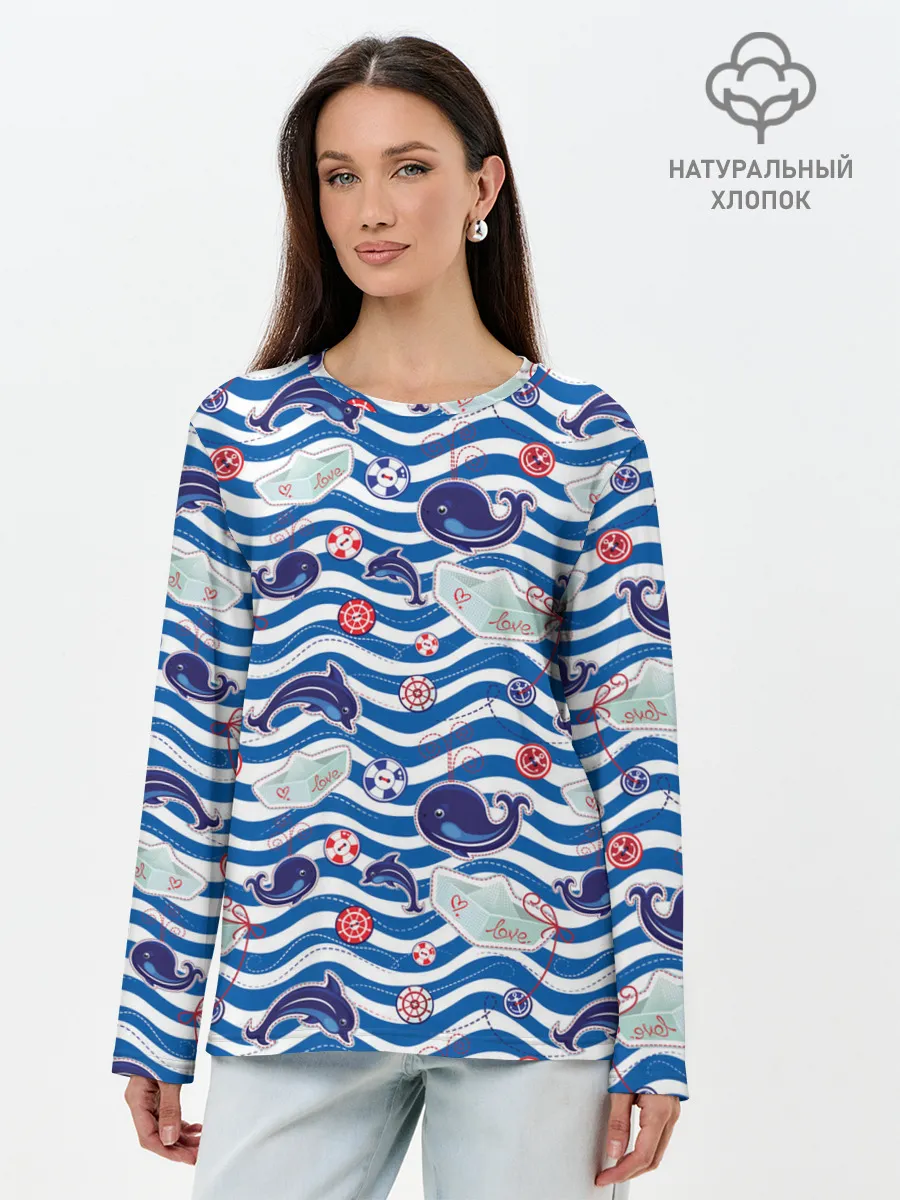 Лонгслив женский. Хлопок / Киты и дельфины