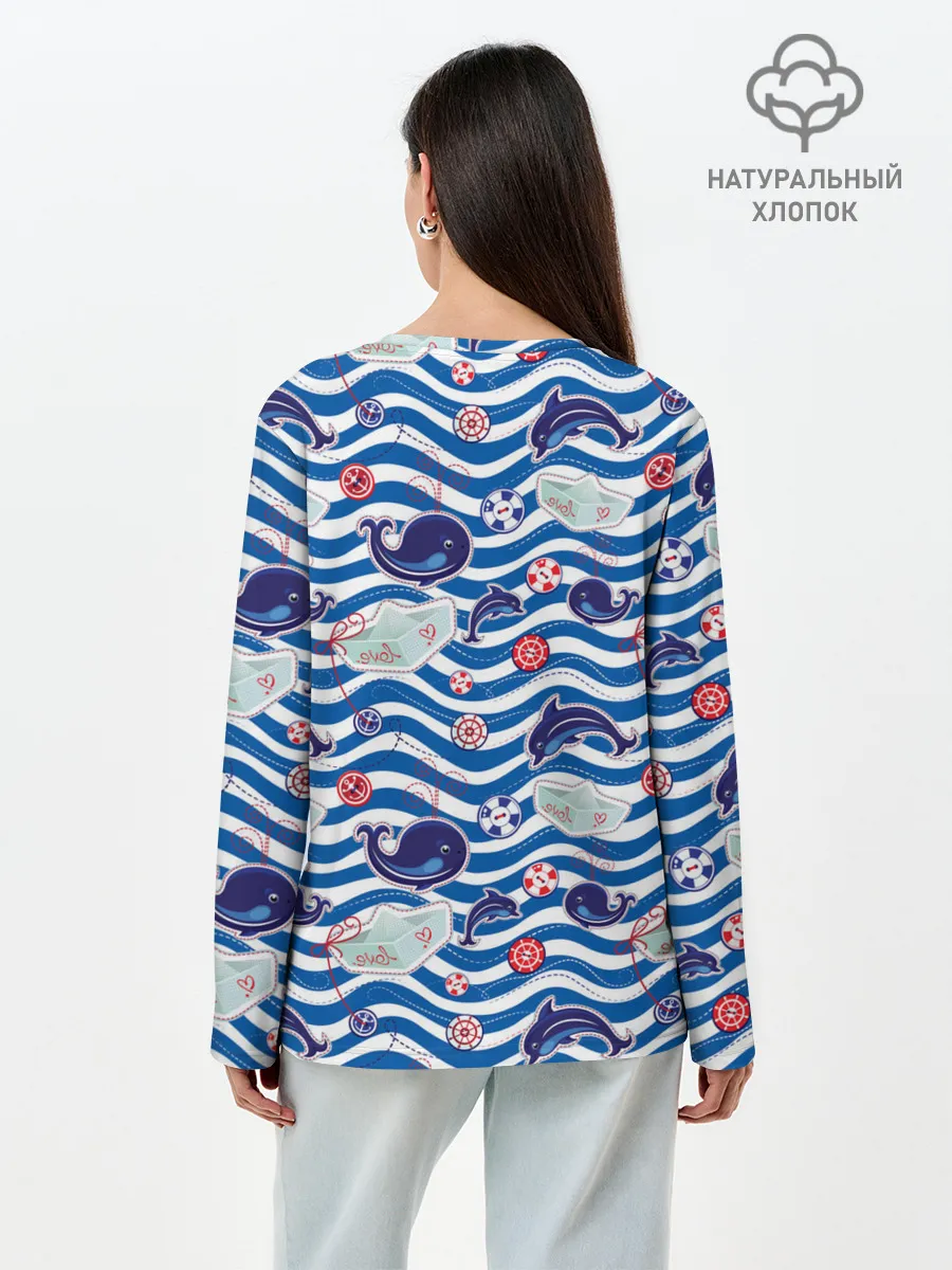 Лонгслив женский. Хлопок / Киты и дельфины