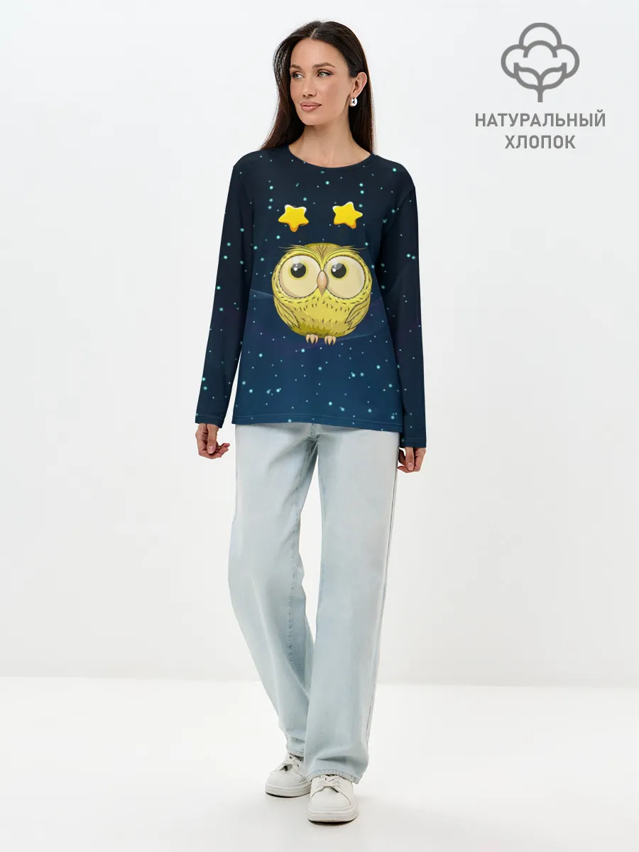 Лонгслив женский. Хлопок / Сова со звездочками