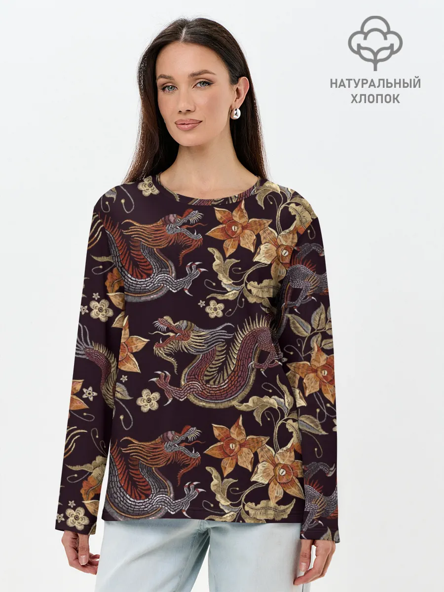 Лонгслив женский. Хлопок / Японские драконы