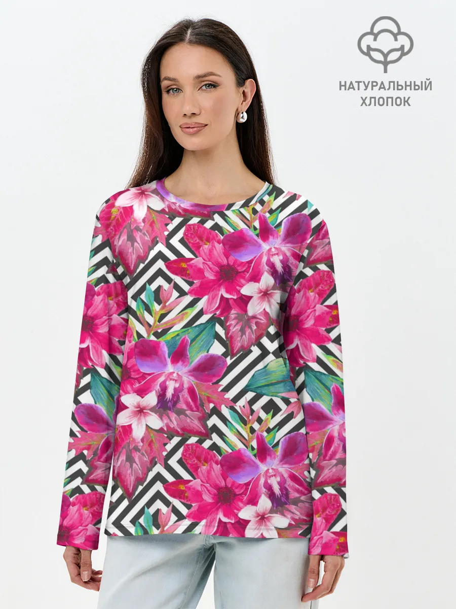 Лонгслив женский. Хлопок / Тропические цветы