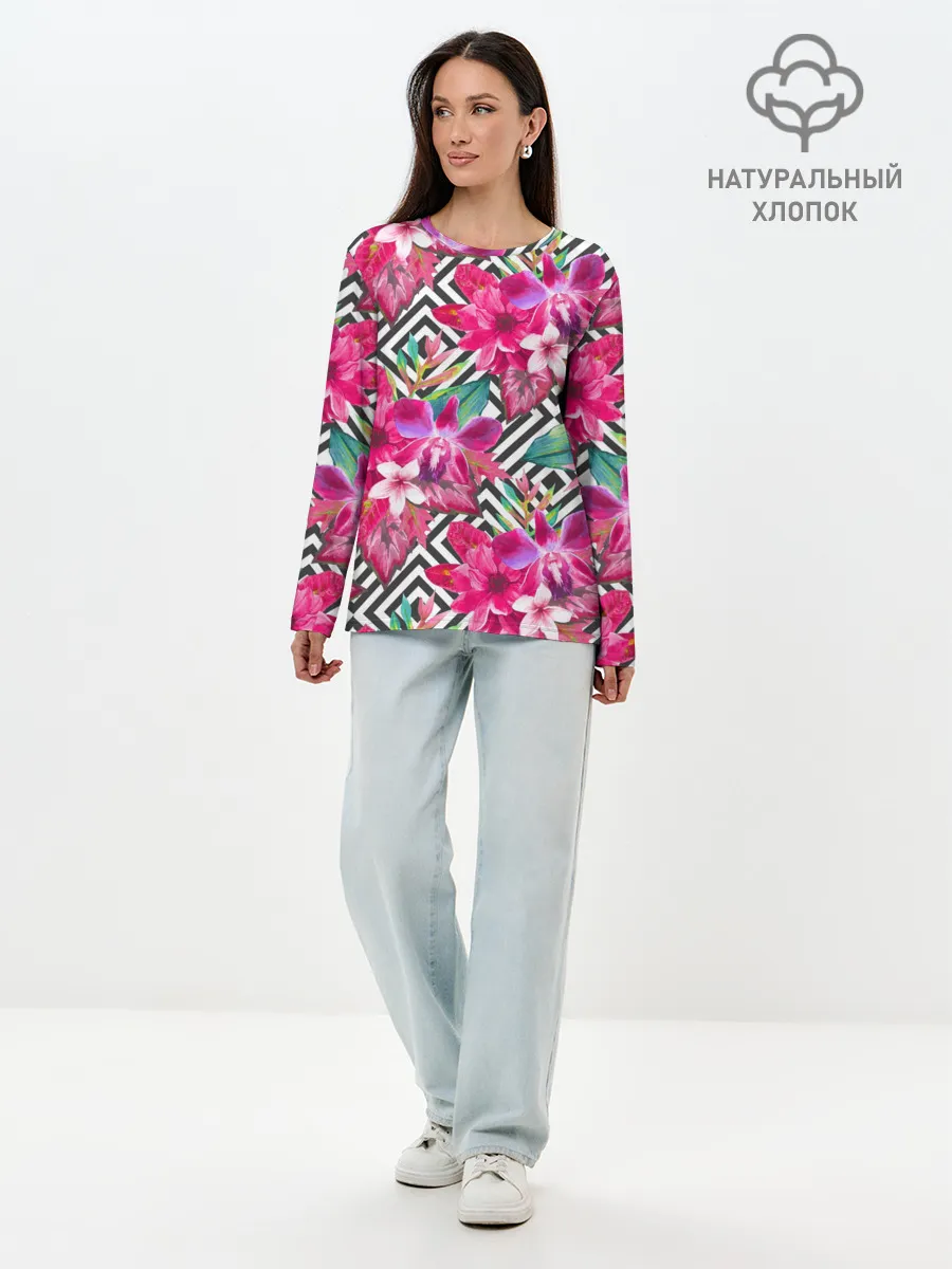Лонгслив женский. Хлопок / Тропические цветы