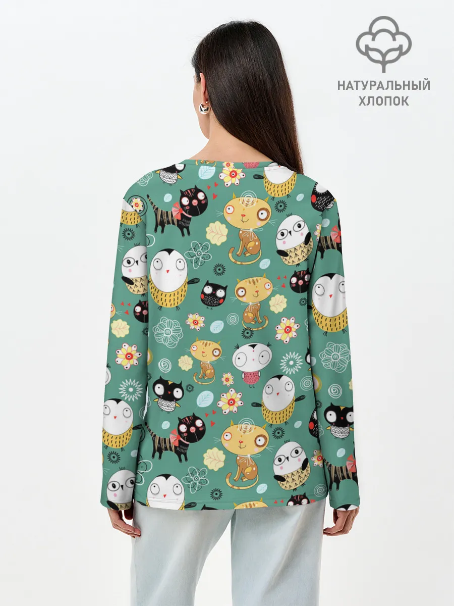 Лонгслив женский. Хлопок / Совы и котики